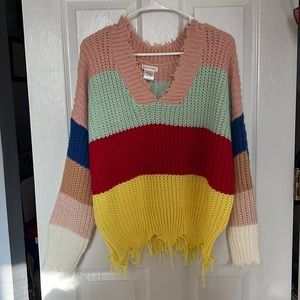 Main Strip rainbow fringe trim knit sweater
